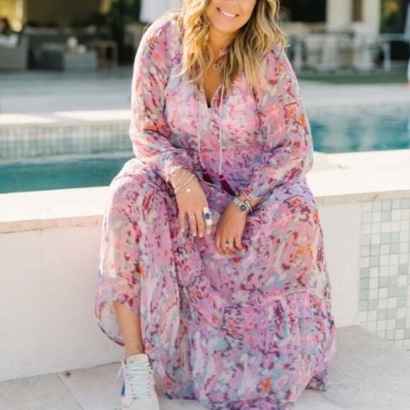 Anthropologie Marais Maxi Dress Size M Pink Chiffon Print Ruffled Tiered Smocked - Picture 1 of 16